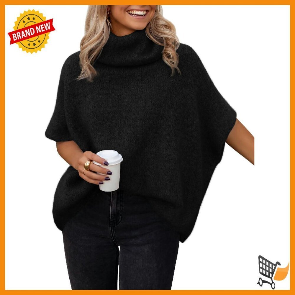 Oversized Mock Turtleneck Sweater Batwing Sleeves Chunky Pullover